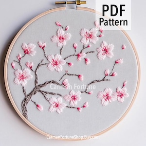 Pode incluir: Design floral bordado com flores de cerejeira rosa sobre um fundo cinza, num bastidor de bordado de madeira. O texto "PDF Pattern" é visível. O nome do artista e o URL da loja também são exibidos.