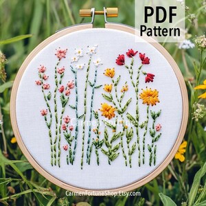 Hand Embroidery Pattern PDF, Wildflower Embroidery Design with Colorful Meadow Flowers, Botanical Hoop Art for Beginners, Instant Download