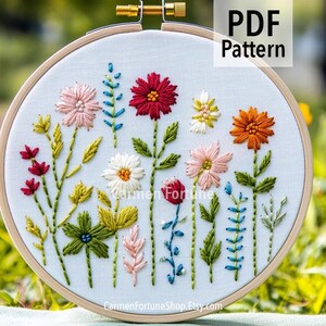 Hand Embroidery Pattern PDF, Wildflower Embroidery Design with Colorful Meadow Flowers, Botanical Hoop Art for Beginners, Instant Download