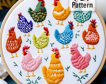 Colorful Chickens Hand Embroidery Pattern PDF, Farm Chicken Embroidery Design, DIY Hoop Art for Beginners, Instant Download
