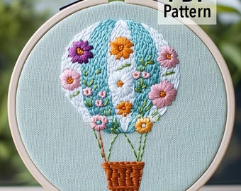 Hot Air Balloon Embroidery Pattern: Colorful Floral Design, DIY Hoop Art (PDF Download