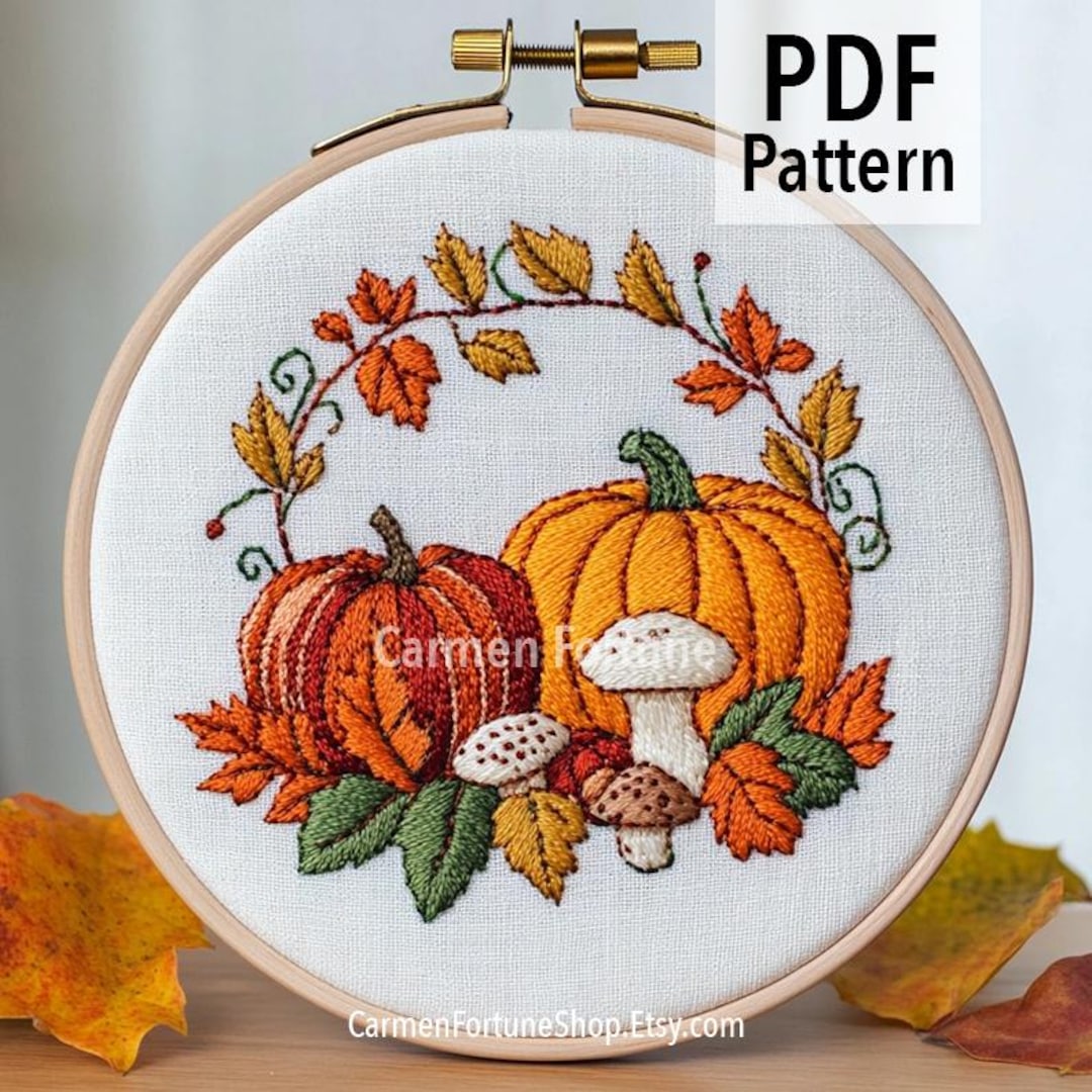 Autumn Pumpkin Embroidery Pattern: Mushrooms & Leaves, DIY Hoop Art ...