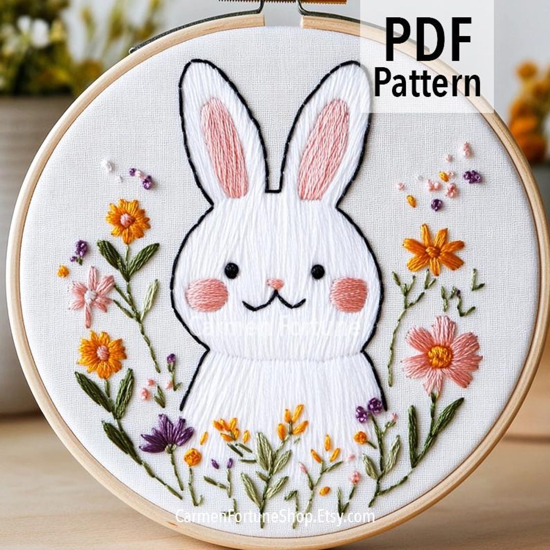 Easter Bunny Hand Embroidery Pattern PDF, Cute Rabbit With Flowers, DIY ...