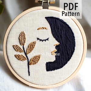 Hand Embroidery Pattern PDF, Minimalist Line Art Face Embroidery Design, Abstract Modern Hoop Art with Leaves, DIY Pattern Instant Download