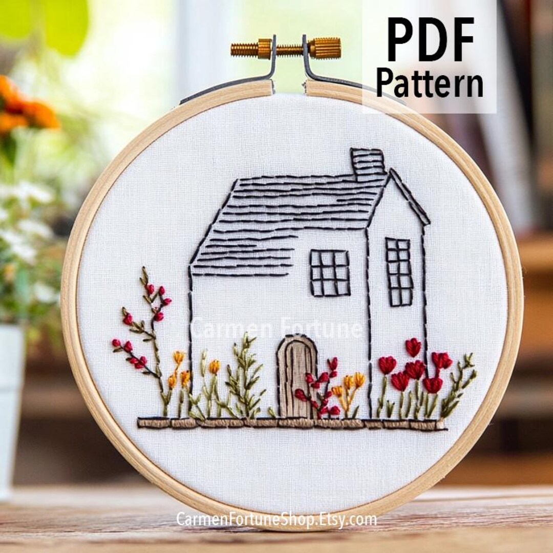 Simple Hand Embroidery Pattern PDF, Cozy Cottage With Flowers ...