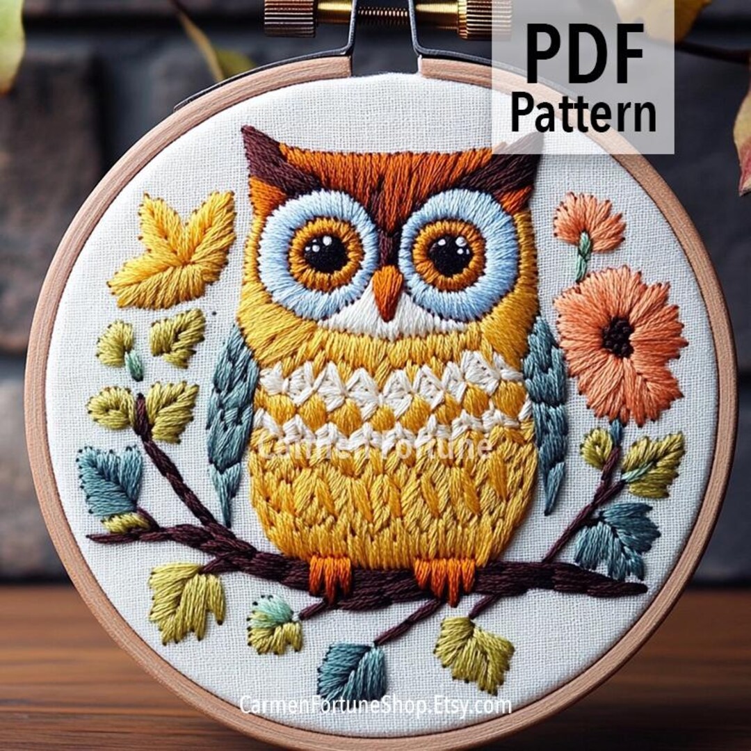 Owl Hand Embroidery Pattern PDF, Cute Woodland Animal Embroidery Design ...