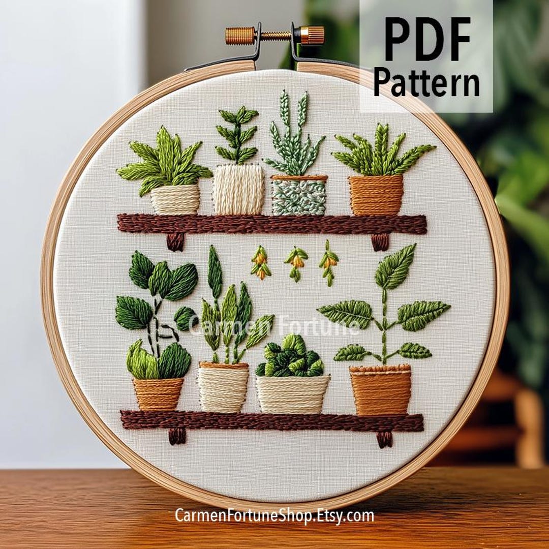 Hand Embroidery Pattern PDF, Shelf With Potted Plants Embroidery Design ...