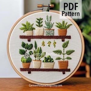 Handborduurpatroon pdf, plank met potplanten borduurontwerp, DIY botanische hoepelkunst, moderne kamerplant, Instant Download