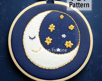Moon Hand Embroidery Pattern PDF, Cute Crescent Moon and Stars Nursery Embroidery Design, DIY Hoop Art for Beginners, Instant Download