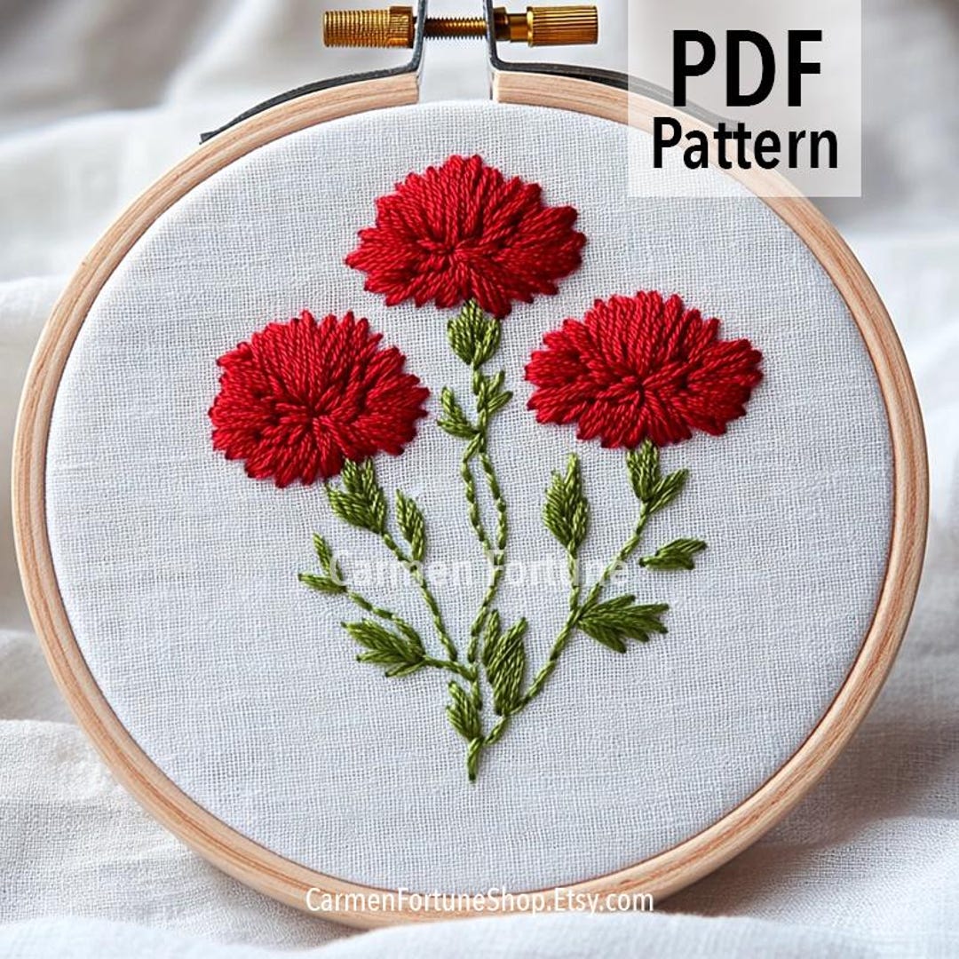 Handmade Carnation Pattern Red Carnation Hand Embroidery Pattern: DIY Floral Hoop Art (PDF ...