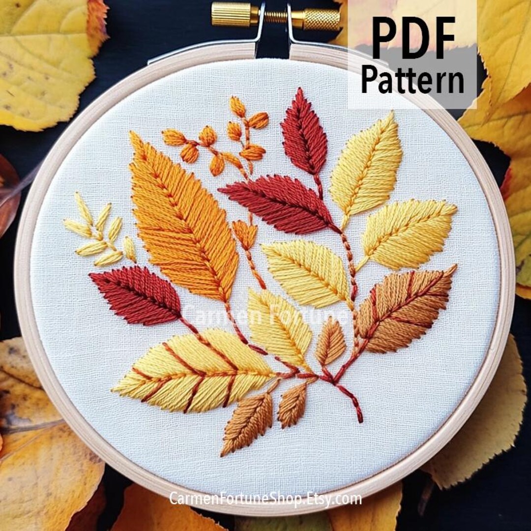 Hand Embroidery Pattern PDF, Floral Wreath With Autumn Leaves and ...