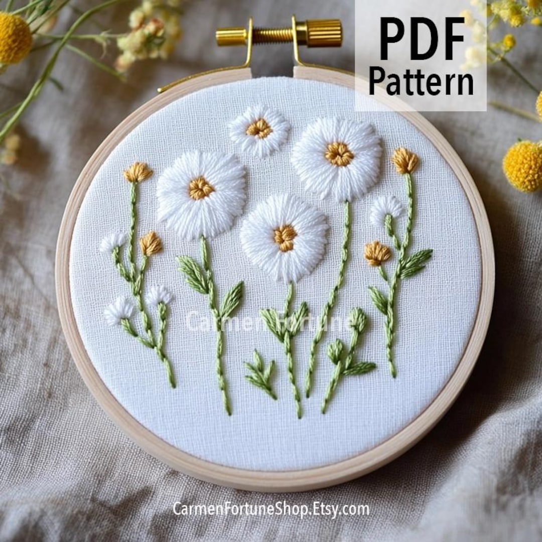 Hand Embroidery Pattern PDF, White Daisies Bouquet Embroidery Design ...