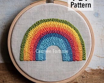 Patrón de bordado a mano en PDF, diseño de bordado arcoíris, arte moderno de aro DIY para principiantes, descarga instantánea