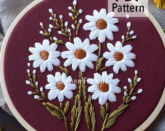 Hand Embroidery Pattern PDF, Daisy Flower Embroidery Design, DIY Botanical Hoop Art, Modern Floral, Instant Download