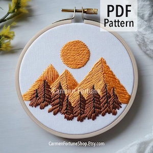 Hand Embroidery Pattern PDF, Mountain Landscape Embroidery Design with Trees and Sun, DIY Hoop Art for Beginners, Instant Download