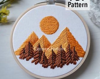 湖の風景の刺繍パターン、穏やかな手刺繍、風景ステッチ PDF、DIY
