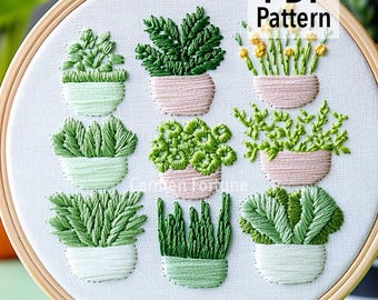 Schema per ricamo a mano in PDF, disegno per ricamo di piante in vaso, ricamo botanico fai da te per principianti, pianta da appartamento moderna, download immediato