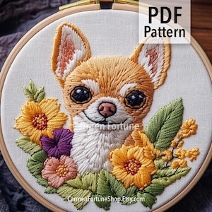 Chihuahua Dog Hand Embroidery Pattern PDF, Puppy Embroidery Design with Flowers, DIY Hoop Art for Beginners, Instant Download