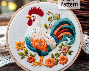 Rooster Hand Embroidery Pattern PDF, Farm Chicken Embroidery Design with Flowers, Rustic DIY hoop, Hoop Art for Beginners, Instant Download