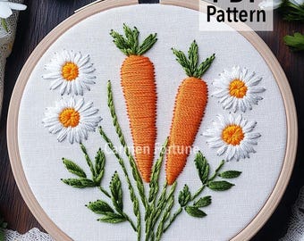 Patrón de bordado a mano "Zanahorias y margaritas": Arte botánico en aro (Descargar PDF)