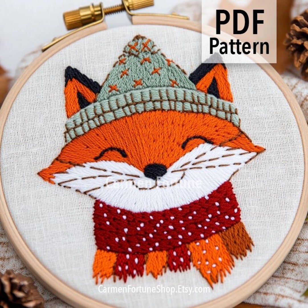 Winter Fox Hand Embroidery Pattern PDF, Cute Animal Embroidery Design ...