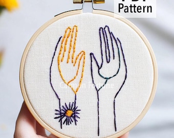 Hand Embroidery Pattern PDF, Hands with Flower Embroidery Design, Modern Line Art Hoop, DIY Embroidery for Beginners, Instant Download