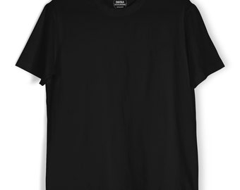 May include: A black short-sleeved t-shirt with a round label on the front that says "KING THRUSTLE" in white text.