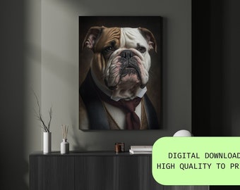 Dog Suit Portrait Print, Bulldog Suit Print, Bulldog Wall Art, Dog Suit Digital Print, Funny Dog Wall Art Printable, Sophisticated Dog Print