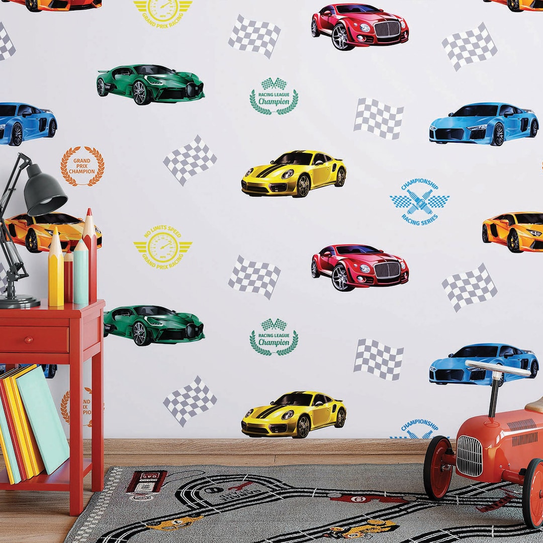 Boys Car Themed Textured Wallpaper, Boys Bedroom Wall Paper, Nursery