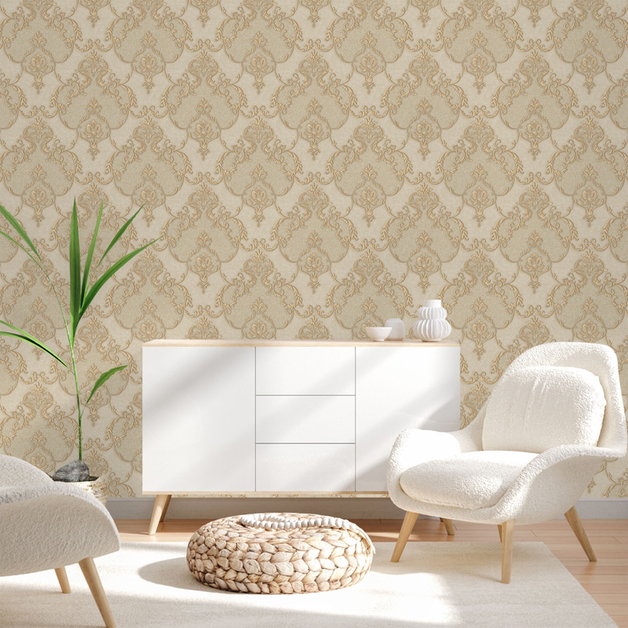 Elegant Gold Shiny Deep Embossed Damask Wallpaper, 3D Textured, Non