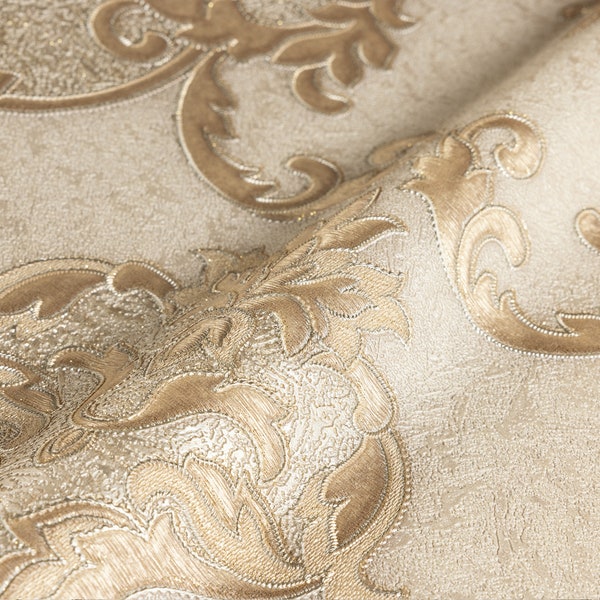 Elegant Gold Shiny Deep Embossed Damask Wallpaper, 3D Textured, Non-Woven, Non-Pasted, Large 114 sq ft Roll, Washable, Durable