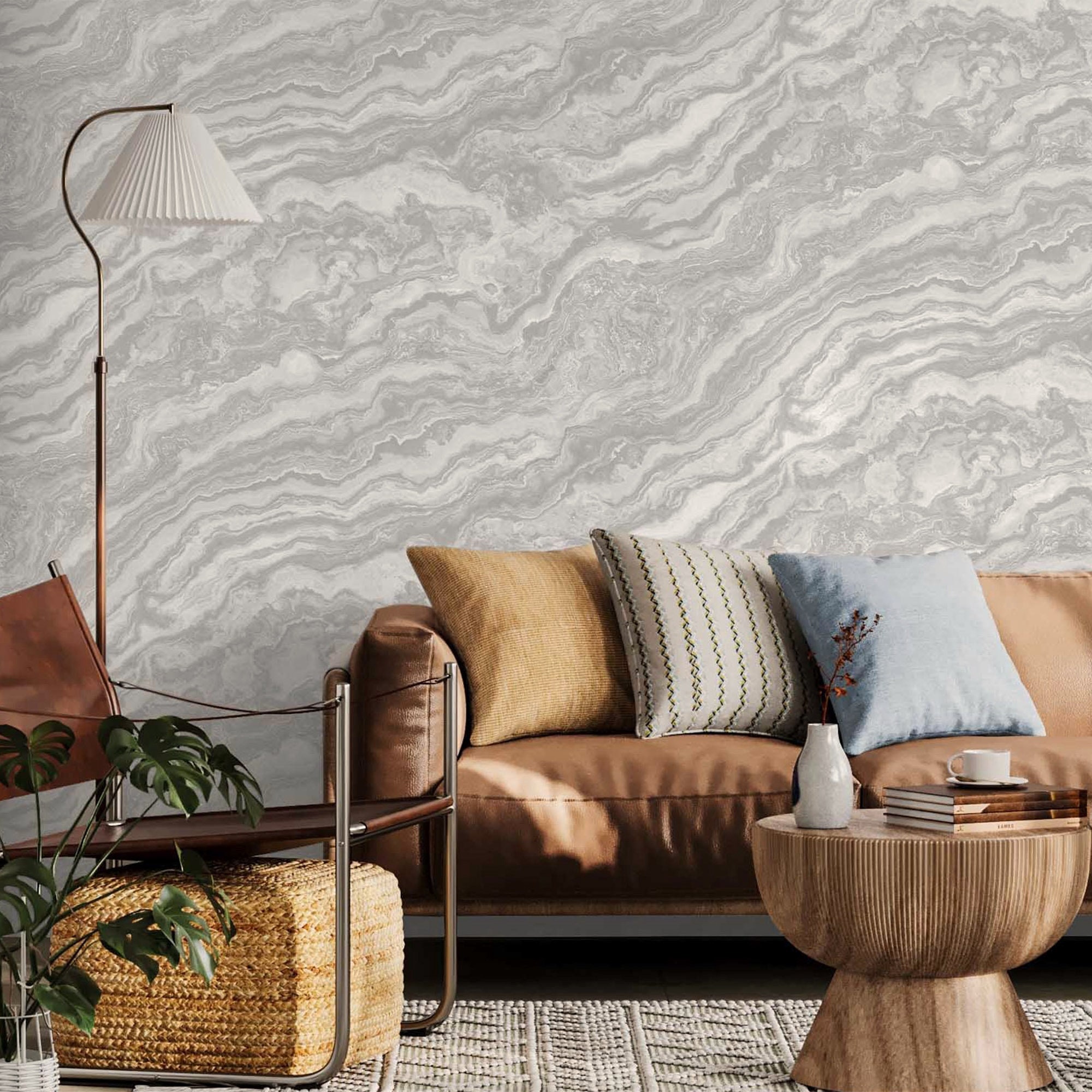 Marble Light Gray Layered Wallpaper, Home Wall Decor, Marbled Luxury Wallpaper, Textured Wallcovering Non-Adhesive, 177 sq ft Large Roll