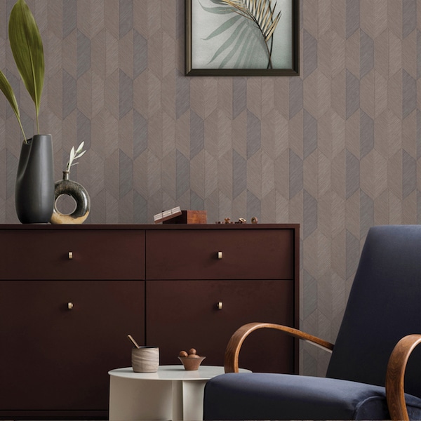 Contemporary Embossed Geometric Herringbone Textured Wallpaper, Dark Color Brown Neutral Traditional, Non-Pasted, Extra Wide 178 sq ft Roll