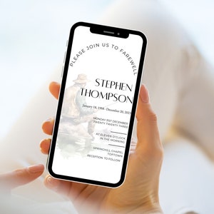 Electronic Fishing Theme Funeral Announcement, Digital Funeral Evite, Invitation Template, Memorial Service Smartphone Template, Text Invite