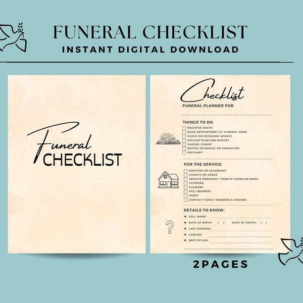 Simple Funeral Checklist for Organizing Family Funerals, Bereavement Memorial Check list Printable, Celebration of Life Plan, Condolence