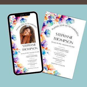Faire-part de funérailles numérique personnalisé, Evite aquarelle, modèle d'invitation électronique, téléchargement de carte pour services commémoratifs, smartphone