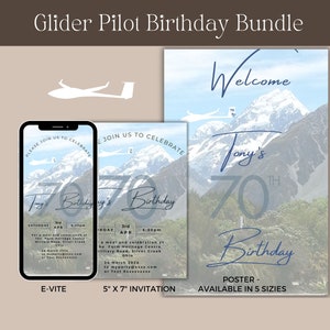 DIY Glider Pilot personalisierte Geburtstags Evite Einladung und Wecome Poster Bundle individuelle Luftfahrt 70er Geburtstagsparty Sofort download