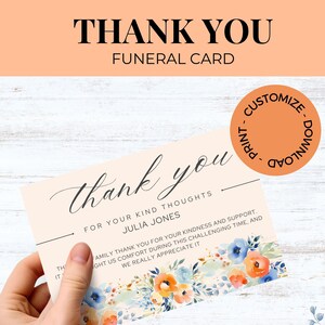 Modèle de carte de remerciement floral de deuil, célébration de la vie, remerciement de sympathie, notes de remerciement des invités, sympathie bleu foncé orange