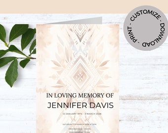 BOHO Printable Funeral Program Template, Celebration of Life, Bereavement Keepsake, Memorial Programme, Tribal Obituary, Funeral Guest