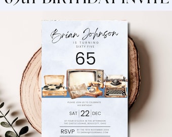 65th Birthday Invitation, Personalized 65 Birthday Party Invite for Man, Masculine Customized Happy 65th Birthday Invite, Sixty Five Years