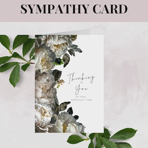 Carte pliée de sympathie pivoine blanche, deuil floral imprimable papeterie commémorative, reconnaissance de décès, désolé pour votre perte nécrologie,
