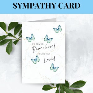 Carte de sympathie aquarelle papillon bleu, papeterie commémorative imprimable deuil, reconnaissance de décès, désolé pour votre perte