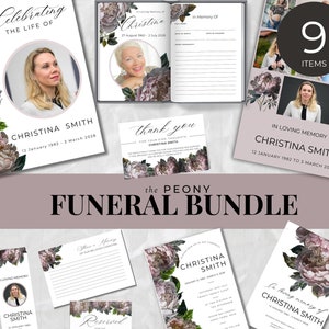 Floral Funeral Service Template Value Bundle, Funeral Favor, Memorial Poster, Editable Custom Funeral Program, Photo Collage Sign, Seat Sign