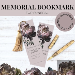 Floral Funeral Favor, Memorial Book Mark Template, Obituary Keepsake, Editable BookMark, Custom  Funeral Memento, In Loving Memory of