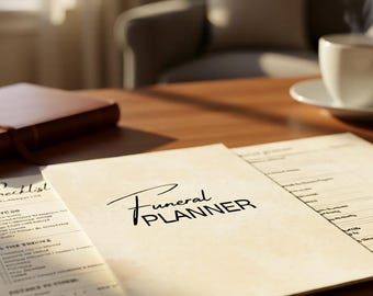 Planificador funerario sencillo para organizar funerales familiares, servicios de duelo y conmemoración imprimibles, lista de verificación para celebrar la vida.