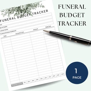 May include: A printable funeral budget tracker with a floral design. The tracker includes sections for name, date of death, funeral home, funeral director, date, account from, amount, and date due. It also includes a progress tracker.