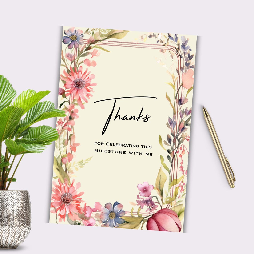 Floral Birthday Thank You Card, Instant Download Digital Party ...