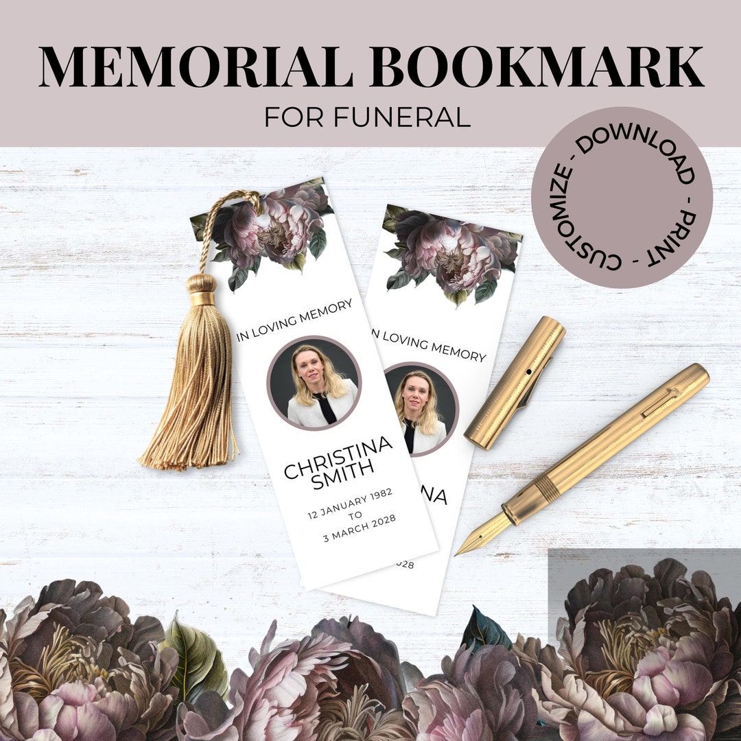 Floral Funeral Favor, Memorial Book Mark Template, Obituary Keepsake ...