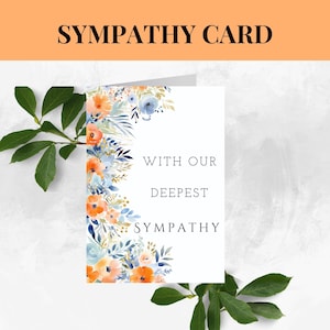Carte de sympathie aquarelle florale, papeterie commémorative imprimable deuil, reconnaissance de décès, désolé pour votre perte, nécrologie, bleu orange