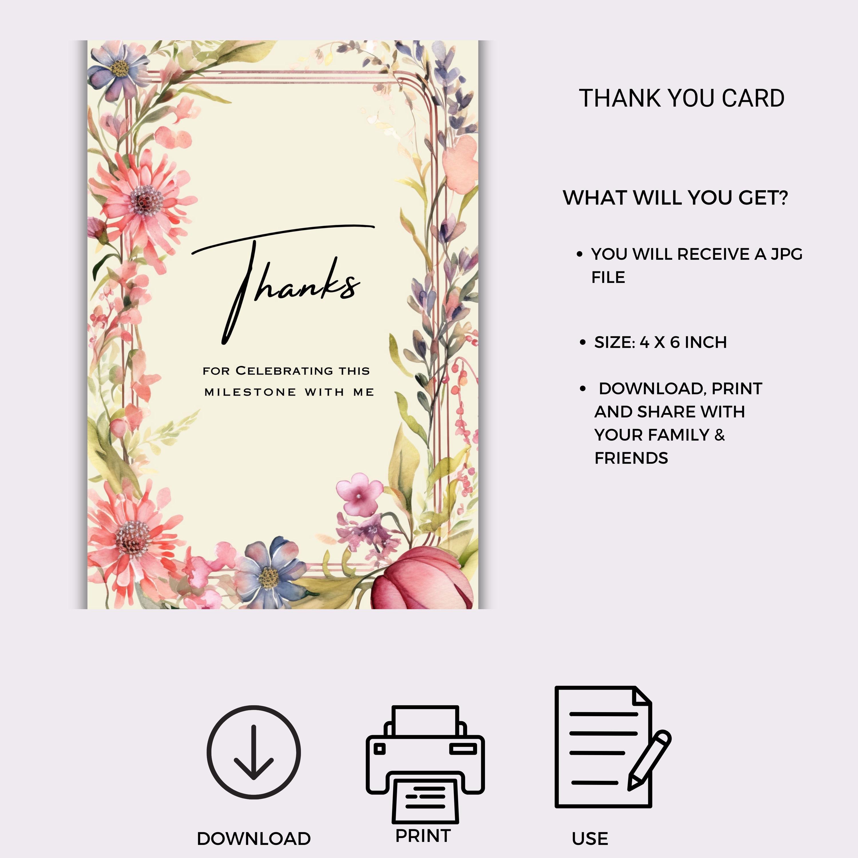 Floral Birthday Thank You Card, Instant Download Digital Party ...